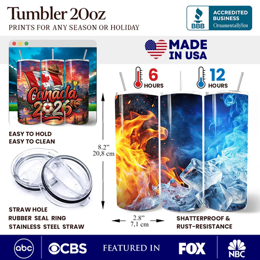 Tumbler 20oz with straw featuring Canada 2026 Soccer Cup wrap design OrnamentallyYou on Tampa Home & Garden Store