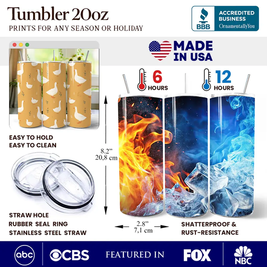 Tumbler 20 oz Goose Pattern with lid by OrnamentallyYou, yellow goose print, stainless steel with clear lid on Tampa Home & Garden Store