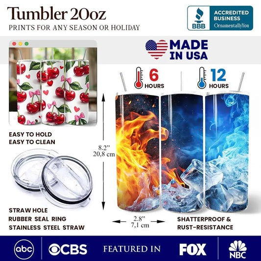 Cherry Bow Pattern 20oz tumbler by OrnamentallyYou, 3pc set with stainless straw and lid on Tampa Home & Garden Store