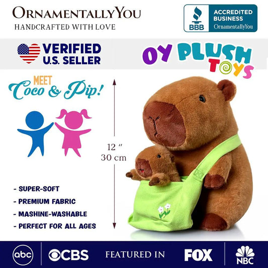 Coco the Capybara and Baby Plush Set from OrnamentallyYou: soft brown capybara duo with lime green tote bag on Tampa Home & Garden Store