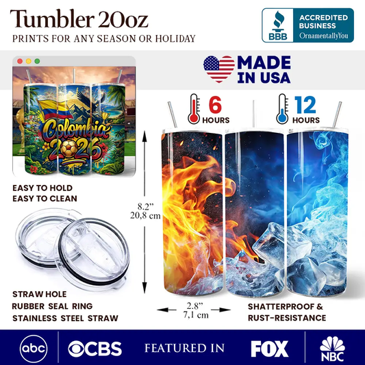 Colombia 2026 Soccer Cup 3-pack tumbler with lid 20oz by OrnamentallyYou featuring fire/ice art on Tampa Home & Garden Store