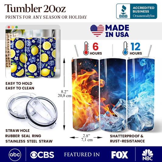 20oz tumbler set of 3 with lids featuring fresh lemon and blueberry print by OrnamentallyYou on Tampa Home & Garden Store