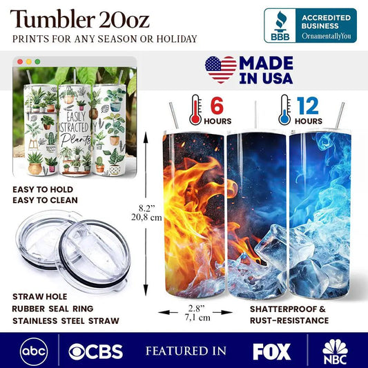 Funny Botanical Life 20oz tumbler 3-pack by OrnamentallyYou with plant-print wrap and clear lid on Tampa Home & Garden Store