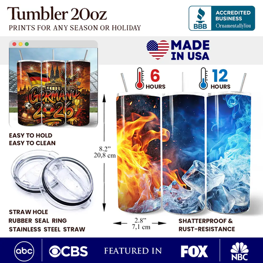 Germany 2026 Soccer Cup 20oz tumbler with lid; 3-panel fiery and icy artwork by OrnamentallyYou on Tampa Home & Garden Store