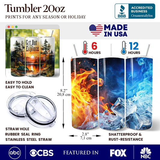 Tumbler Get Out & Explore 20oz with Lid, OrnamentallyYou, forest sunset wrap on Tampa Home & Garden Store