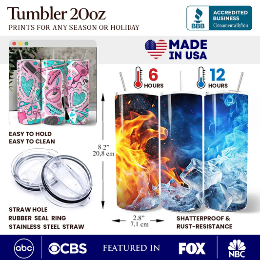 Hair Stylist 20oz tumbler with lid and straw, OrnamentallyYou, fire and ice design, shatterproof on Tampa Home & Garden Store