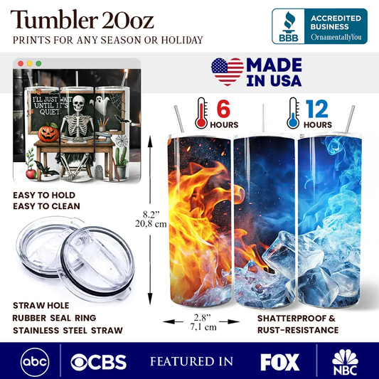 Wait Until It's Quiet 20oz tumbler with lid by OrnamentallyYou; fire and ice wrap artwork on Tampa Home & Garden Store