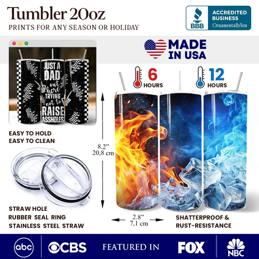 Dad Checkered Lightning 20oz tumbler with fire and ice wrap, clear lid, OrnamentallyYou on Tampa Home & Garden Store