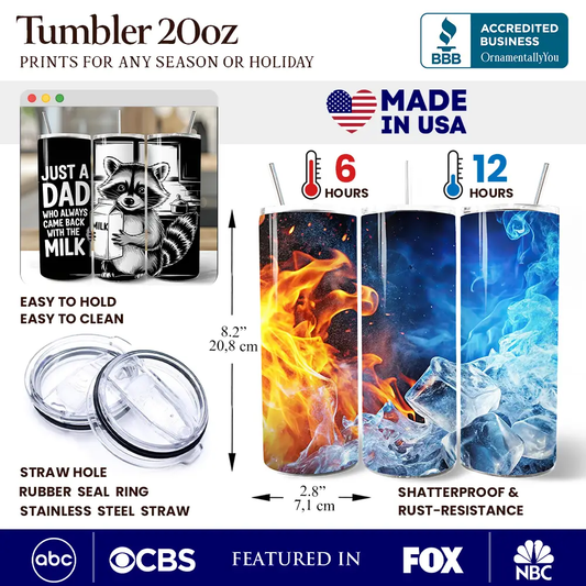 Dad 20oz personalized tumbler with lid and straw by OrnamentallyYou, 3 fire and ice designs on Tampa Home & Garden Store