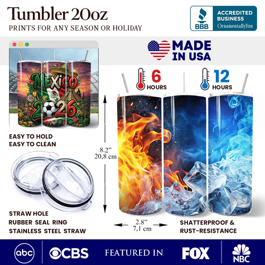 Tumbler 20oz Mexico 2026 Soccer Cup with lid and straw, colorful fire ice wrap OrnamentallyYou on Tampa Home & Garden Store