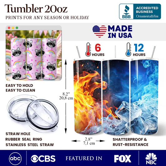 20oz pink tumbler with raccoon rainbow pattern lid and stainless steel straw OrnamentallyYou on Tampa Home & Garden Store