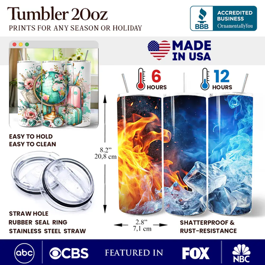 Tumbler 20oz Pink Teal Wanderlust personalized, wrap designs with clear lids on Tampa Home & Garden Store