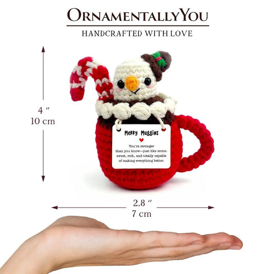 Positivity Crochet Doll Hot Cocoa Marshmallow crochet toy in red mug candy cane OrnamentallyYou on Tampa Home & Garden Store