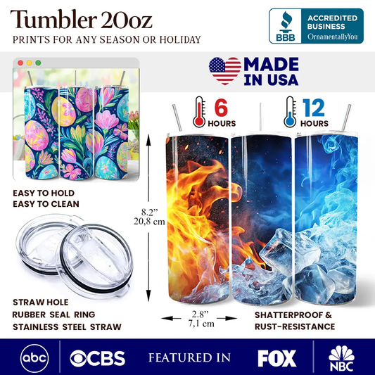 20oz Tumbler with Lid and Straw floral print and fire/ice wrap clear lid stainless straw on Tampa Home & Garden Store