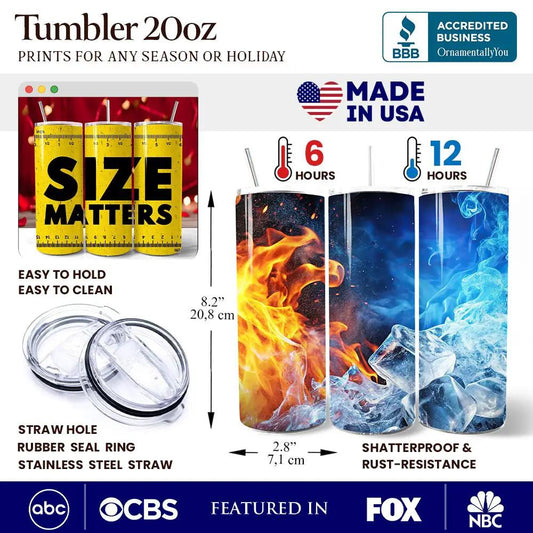 20oz personalized tumbler Size Matters Man by OrnamentallyYou with fire/ice wrap, 3-pack on Tampa Home & Garden Store