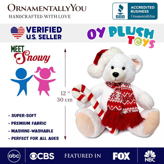 Oso polar de peluche Snowy, un adorable peluche navideño infantil de 30 cm con gorro de Papá Noel y bastón de caramelo.