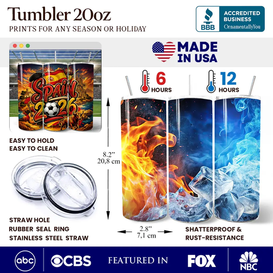Tumbler 20oz Spain 2026 Soccer Cup by OrnamentallyYou with lid; fiery and icy wrap design on Tampa Home & Garden Store