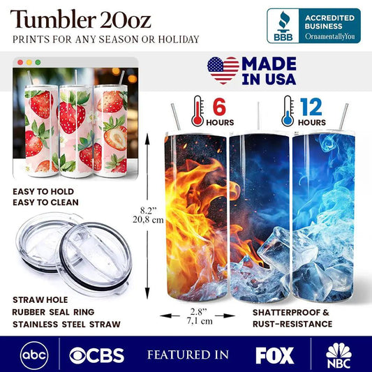 Tumbler 20oz strawberry print personalized set of 3 with lids OrnamentallyYou stainless steel on Tampa Home & Garden Store