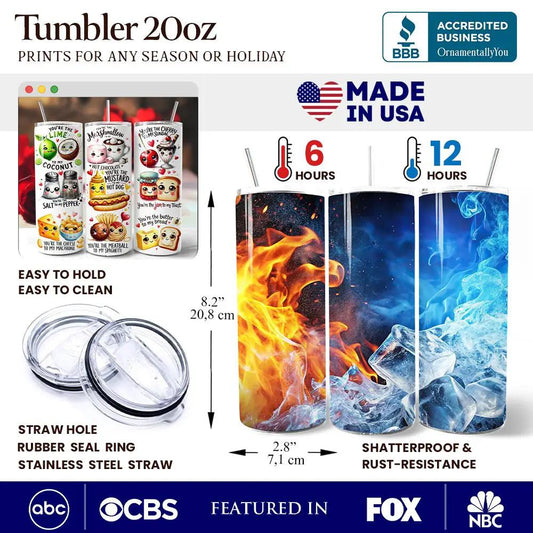 Valentine Soulmates 20oz tumbler set by OrnamentallyYou, 3 fire ice designs with stainless straw on Tampa Home & Garden Store