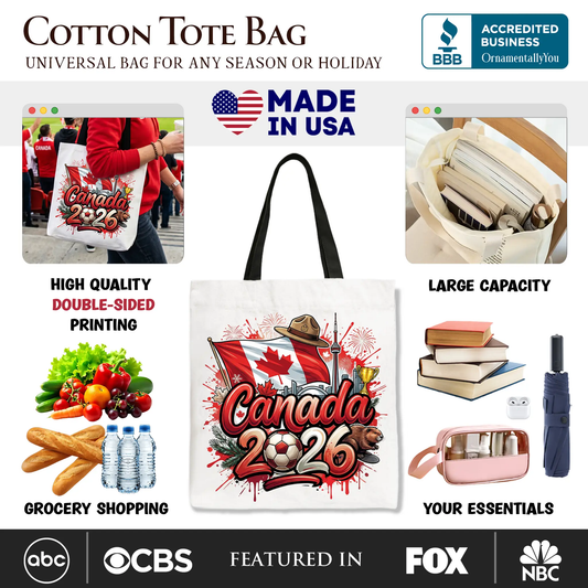 Cotton tote bag Canada 2026 Soccer Cup global design by OrnamentallyYou, white on Tampa Home & Garden Store