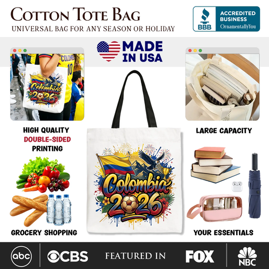 Tote Bag Colombia 2026 Soccer Cup Gift by OrnamentallyYou white cotton tote on Tampa Home & Garden Store