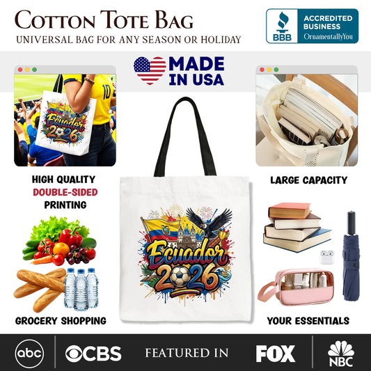 Tote bag Ecuador 2026 soccer print by OrnamentallyYou, white tote with vibrant Ecuador 2026 graphic for fans on Tampa Home & Garden Store
