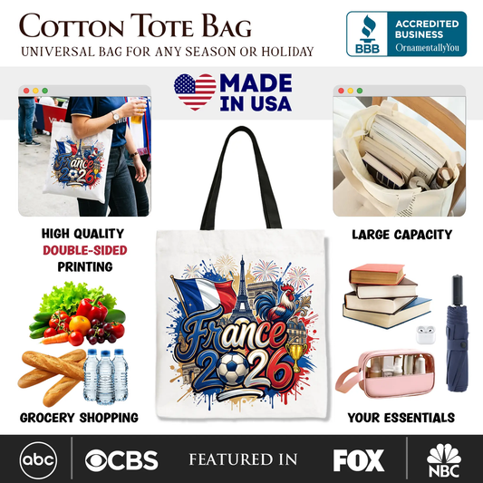 France 2026 Soccer Cup Tote Bag white tote with Allez les Bleus by OrnamentallyYou on Tampa Home & Garden Store