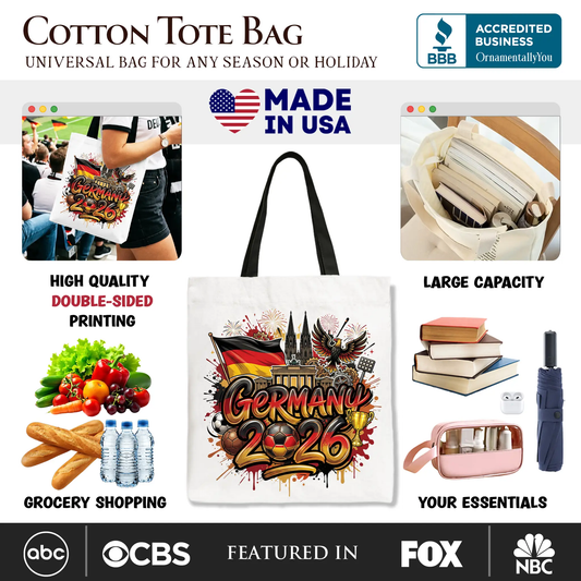 Tote bag Germany 2026 soccer cup design OrnamentallyYou, white canvas with colorful print on Tampa Home & Garden Store