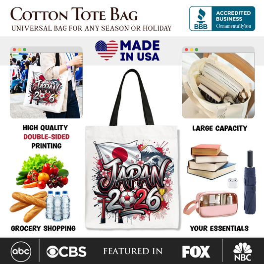 Tote bag Japan 2026 Soccer Cup design by OrnamentallyYou, white canvas with black handles on Tampa Home & Garden Store