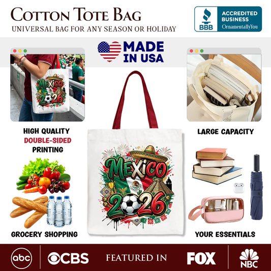Set of 3 Mexico 2026 soccer tote bags by OrnamentallyYou, white canvas with El Tri graphics on Tampa Home & Garden Store