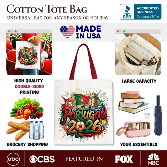 Portugal 2026 soccer tote bag white cotton with colorful print by OrnamentallyYou on Tampa Home & Garden Store