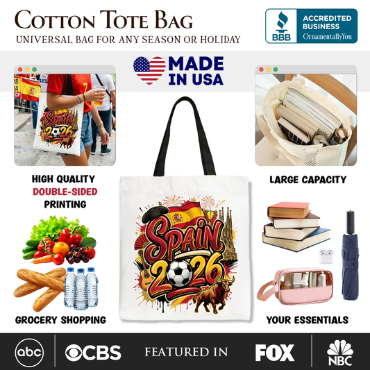 Spain 2026 Soccer Cup Tote Bag by OrnamentallyYou, white tote with Spain 2026 graphic on Tampa Home & Garden Store