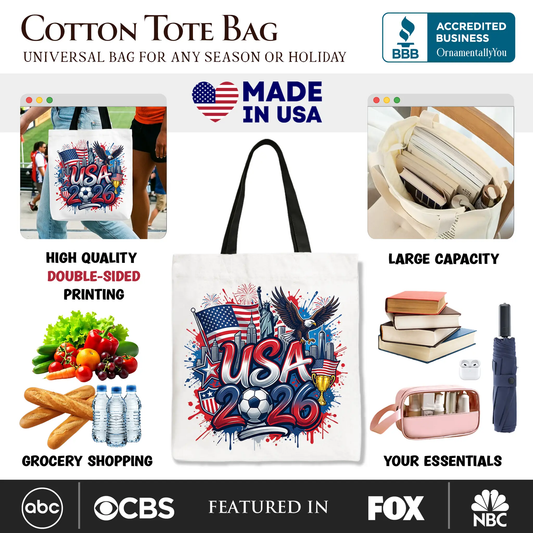 Tote bag USA 2026 Soccer Cup by OrnamentallyYou, white tote with bold patriotic USA graphics on Tampa Home & Garden Store