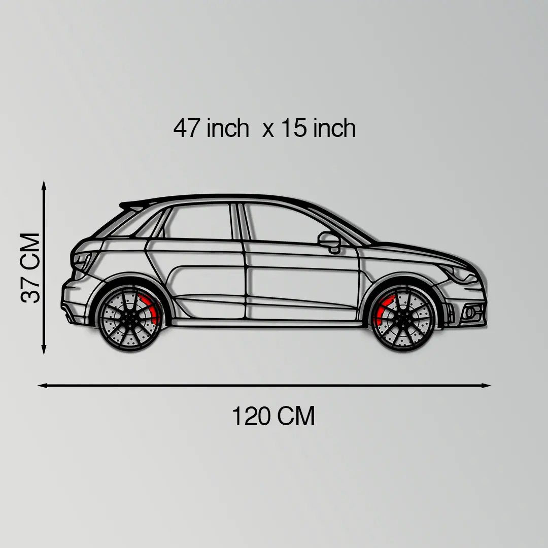 Audi A1 metal car wall art with rotating wheels, Enova Art 47x15 inch wall sculpture on Tampa Home & Garden Store