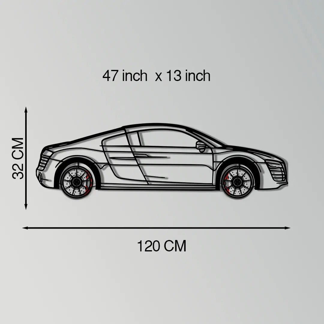 Audi R8 metal wall art side profile with rotating wheels, monochrome line art 120 cm x 32 cm on Tampa Home & Garden Store