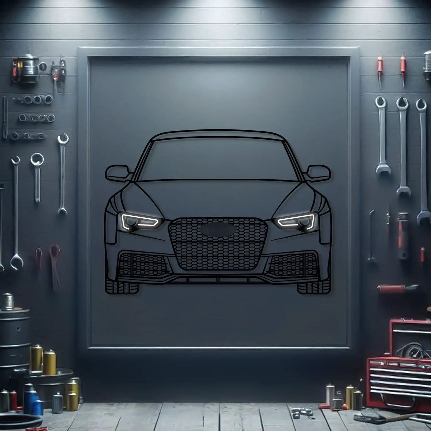 RS5 Front View Metal Neon Car Wall Art by Modello Turbo, white neon headlights on Tampa Home & Garden Store