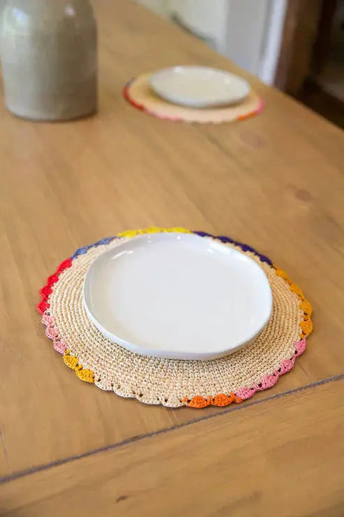 Aura Raffia Placemats with Multicolor Edges pair on woven raffia with scalloped edges on Tampa Home & Garden Store