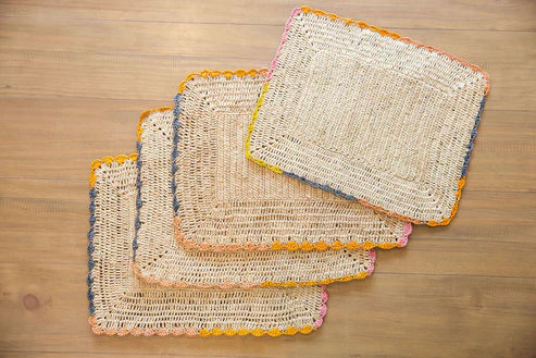 Aura Raffia Placemats with Multicolor Edges, natural raffia weave, Payton James, set of five on Tampa Home & Garden Store