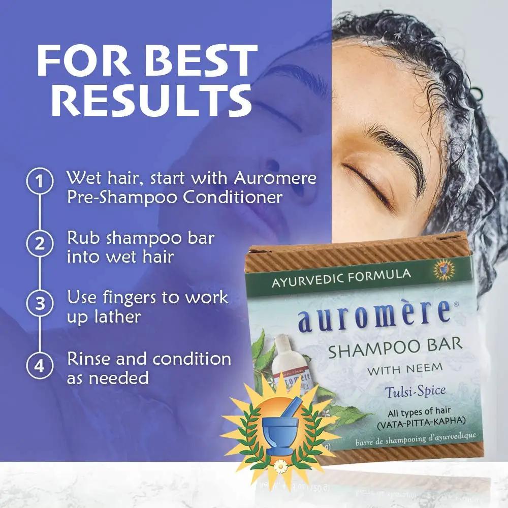 Auromère Tulsi-Spice Ayurvedic Shampoo Bar packaging with Neem; blue label; all-hair formula on Tampa Home & Garden Store