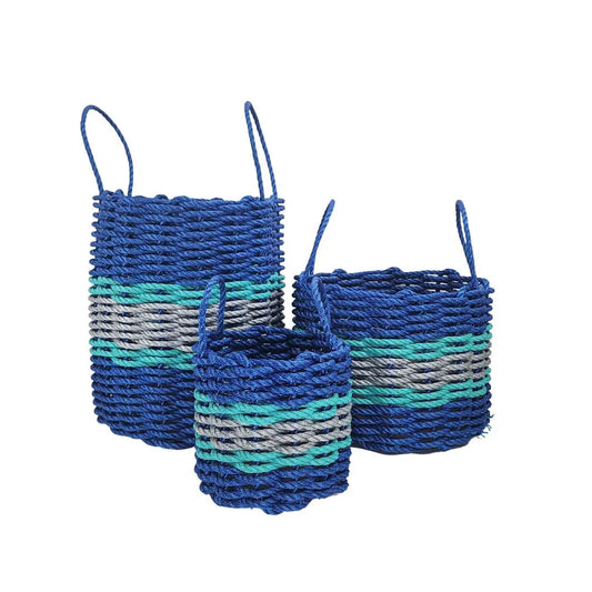 Authentic Maine Lobster Rope Storage Basket Blue and Light Gray with Teal Accents - Tampa Home & Garden Store