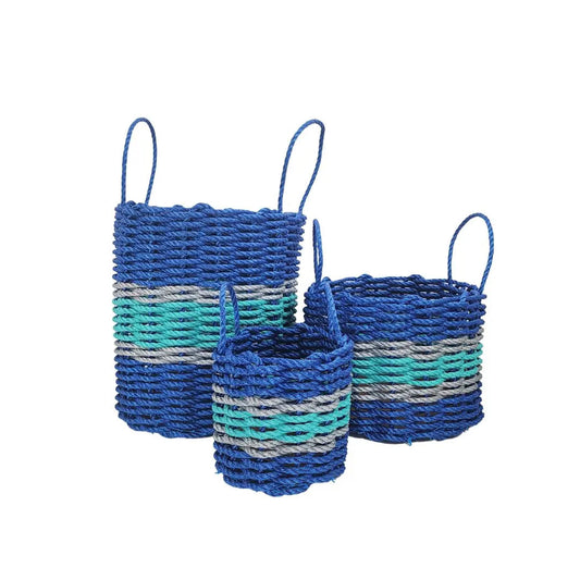 Authentic Maine Lobster Rope Storage Basket Blue and Teal with light Gray Accents - Tampa Home & Garden Store