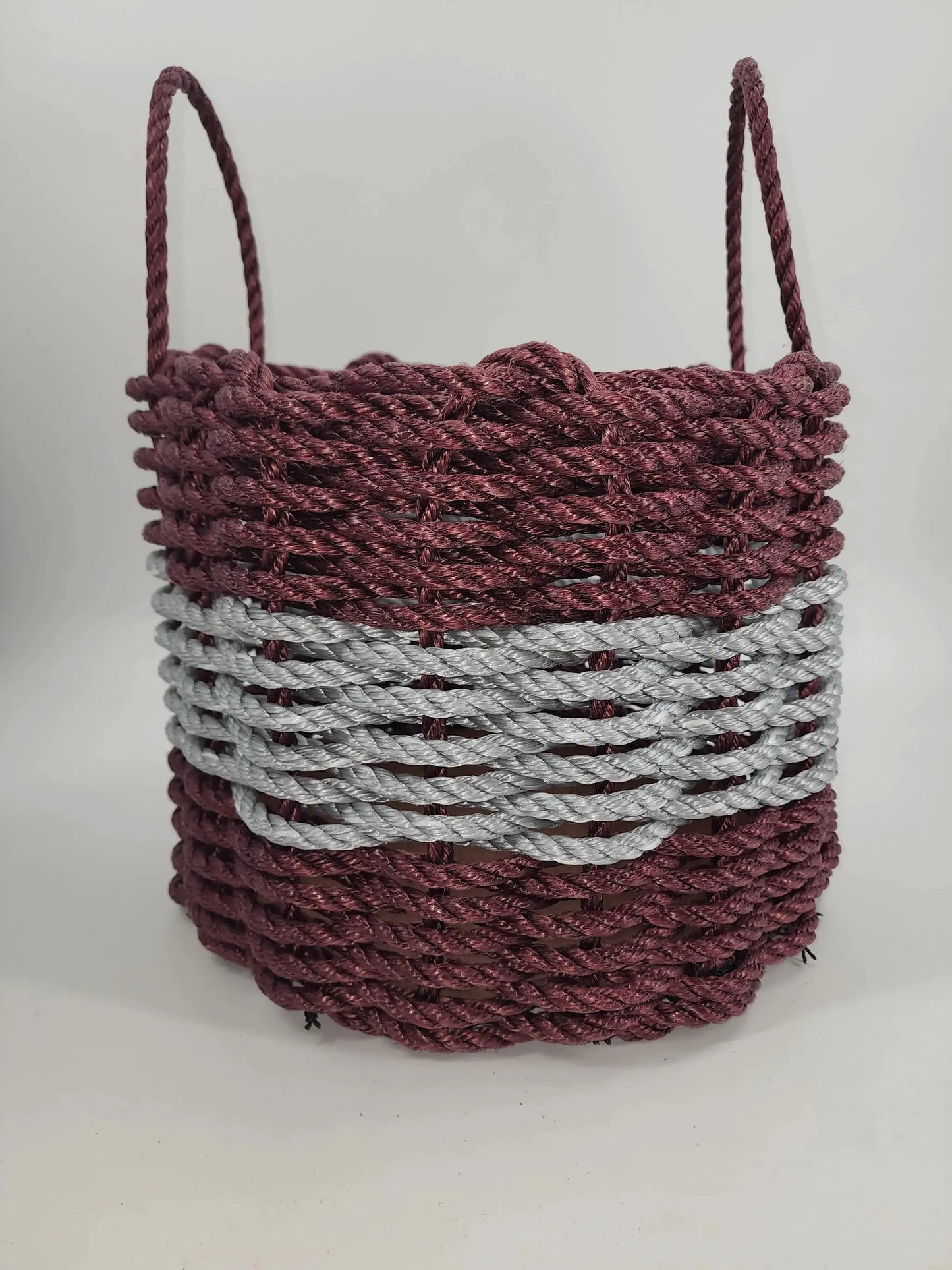 Authentic Maine Lobster Rope Storage Basket burgundy and gray braided rope with two handles on Tampa Home & Garden Store