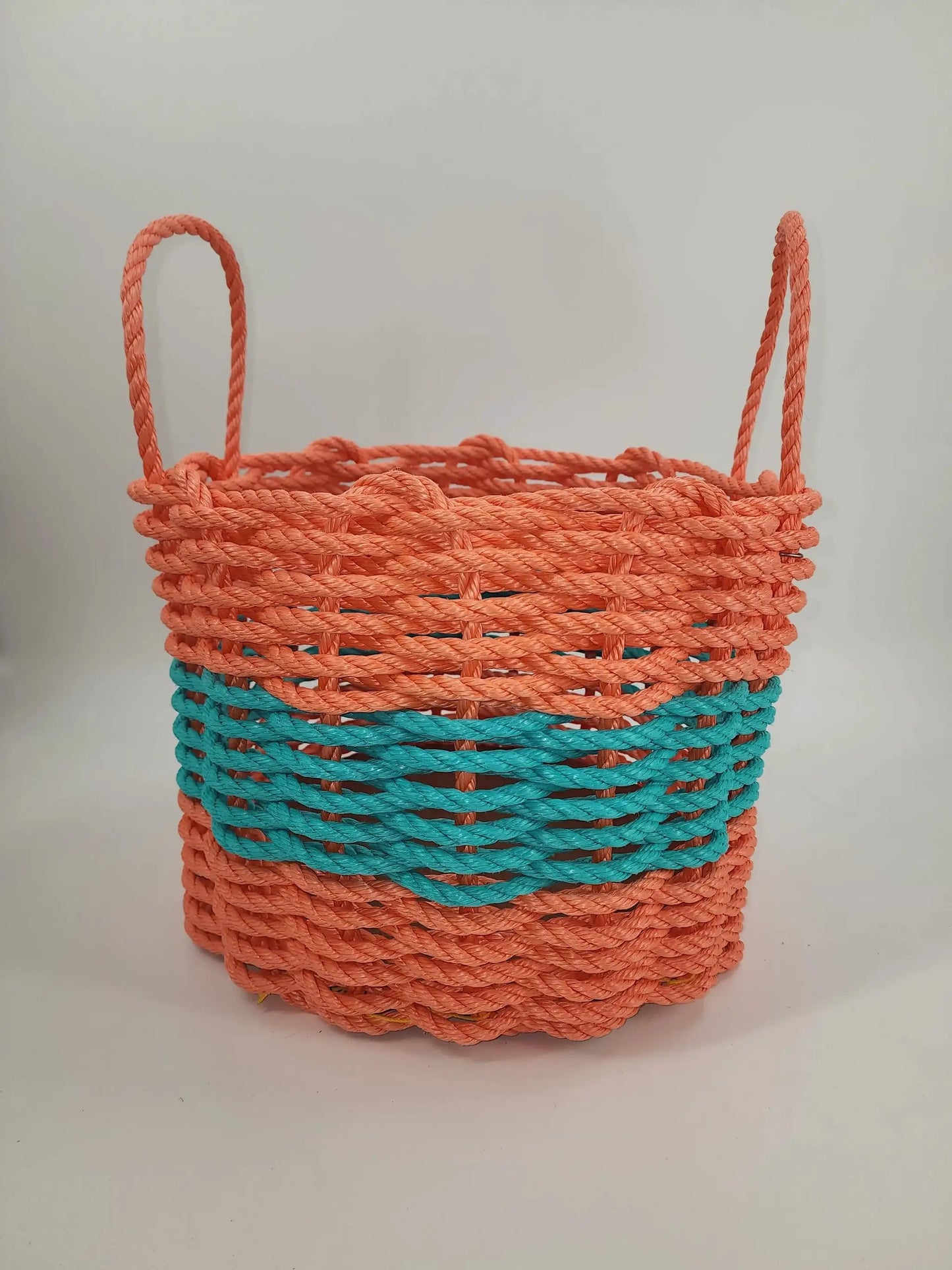 Lobster rope storage basket coral with teal stripe, handmade on Tampa Home & Garden Store