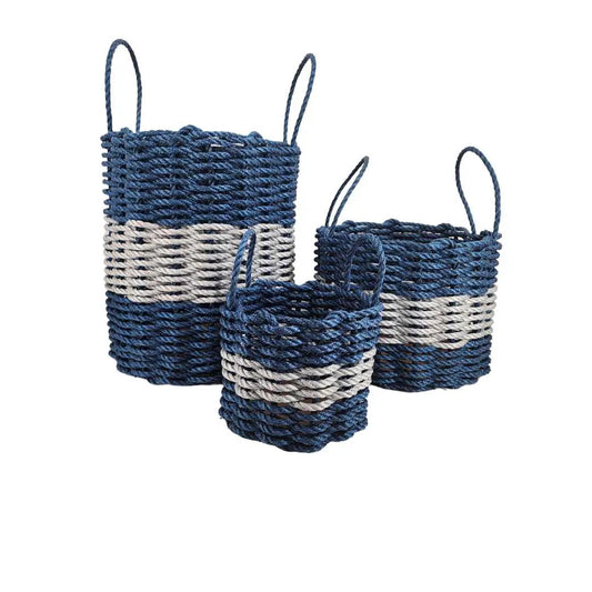 Basket set of 3 Maine lobster rope baskets in navy blue and light gray by Little Salty Rope on Tampa Home & Garden Store