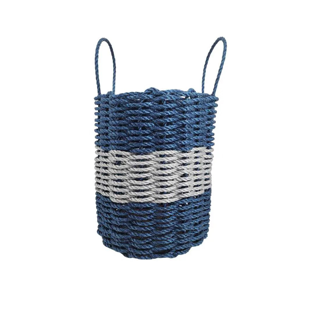 Maine Lobster Rope Basket navy blue and light gray, handwoven coastal storage with two handles on Tampa Home & Garden Store