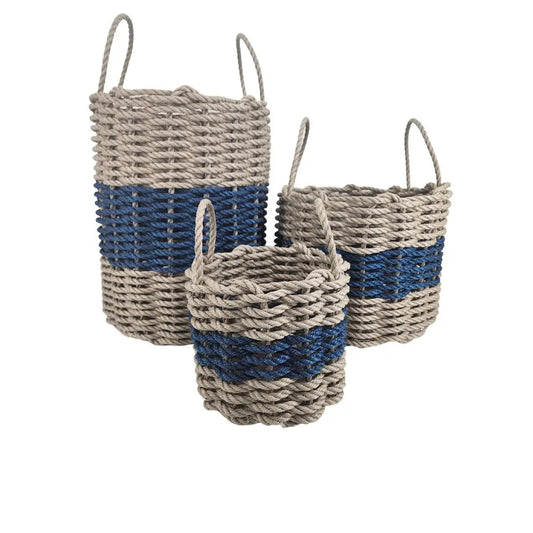 Authentic Maine Lobster Rope Storage Basket Tan and Navy Blue - Tampa Home & Garden Store