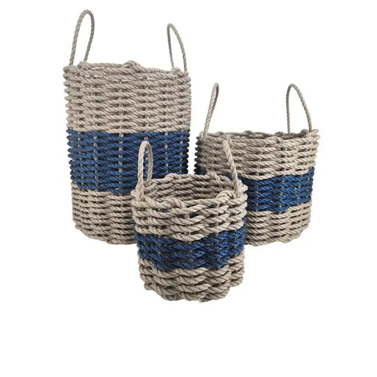 Basket set of 3 Maine Lobster Rope Storage Baskets in tan and navy by Little Salty Rope on Tampa Home & Garden Store