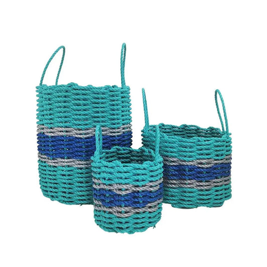 Lobster rope basket set of 3 in teal blue and gray stripes by Little Salty Rope on Tampa Home & Garden Store