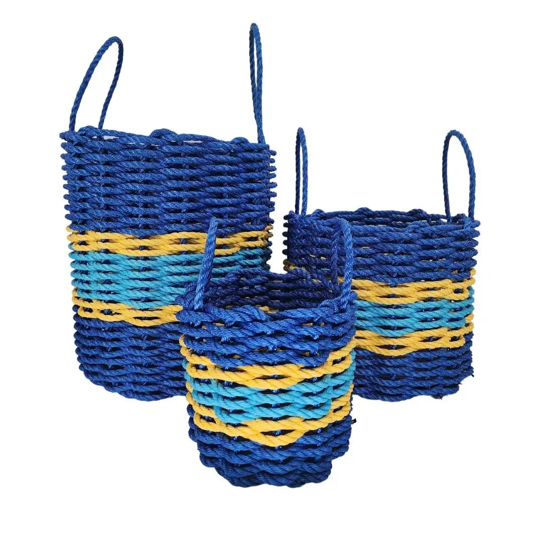 Authentic Maine Lobster Rope Storage Basket trio blue with yellow accents Little Salty Rope on Tampa Home & Garden Store