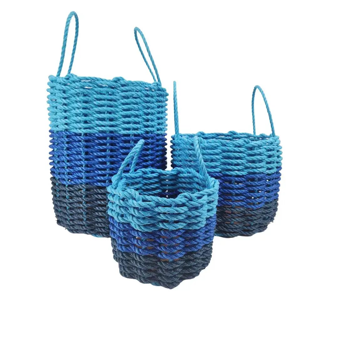3-piece lobster rope storage basket set in navy to light blue gradient by Little Salty Rope on Tampa Home & Garden Store
